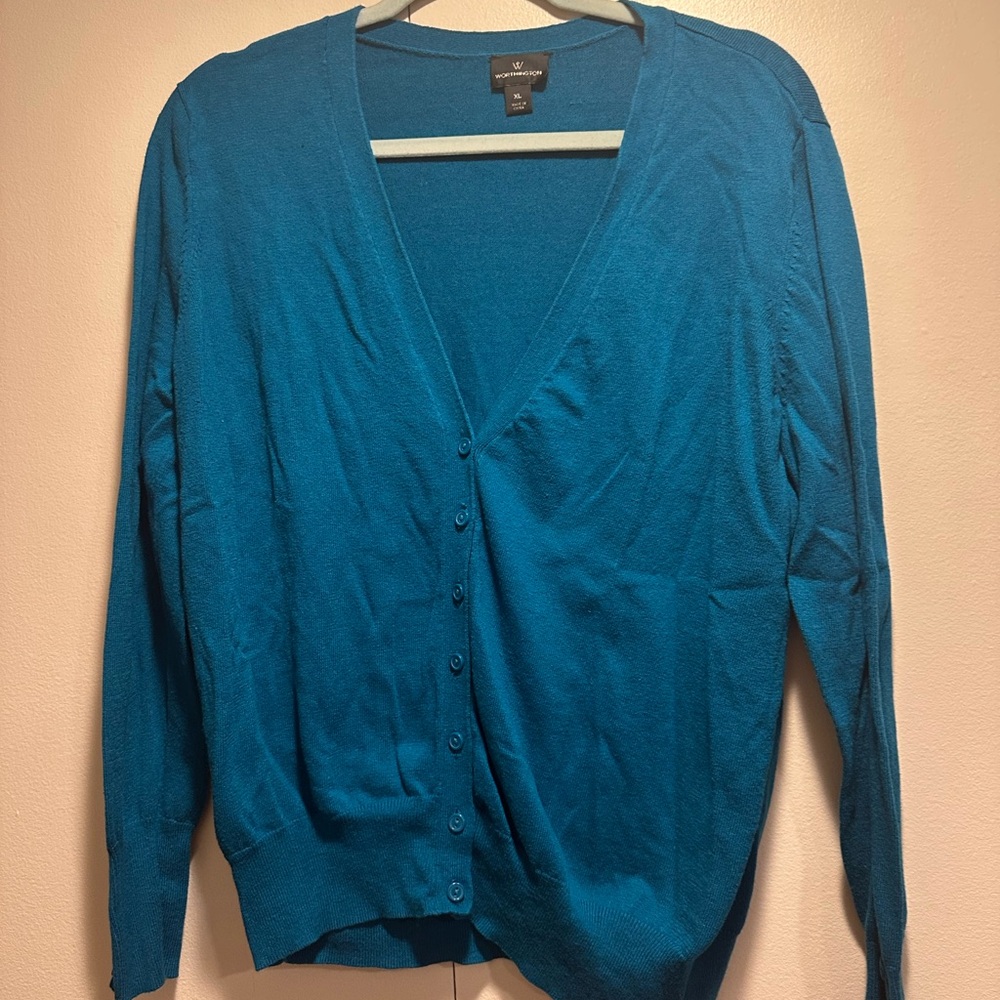 Worthington Teal Blue V-Neck Button Front Cardigan